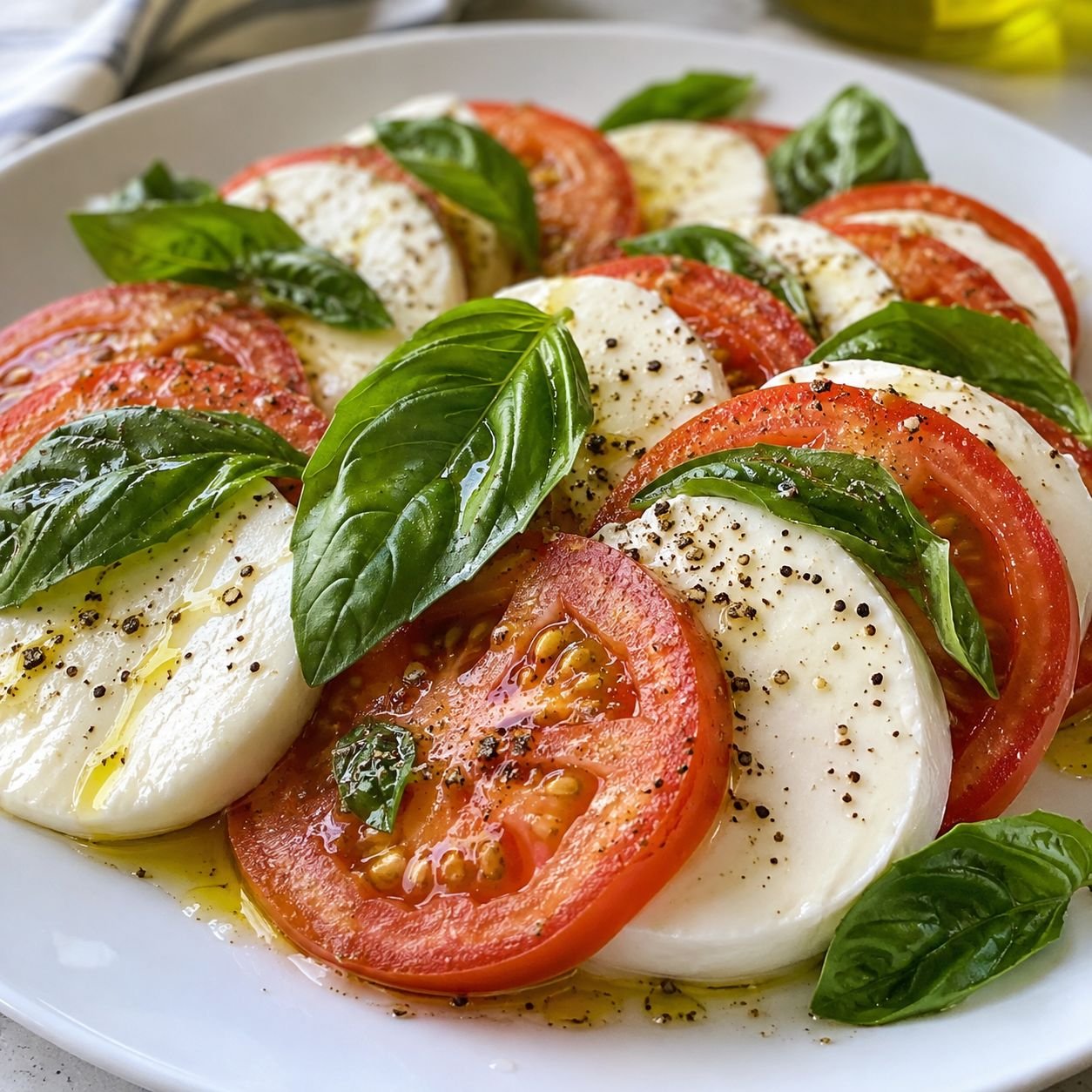 Caprese salad with sliced tomatoes, fresh mozzarella and basil leaves