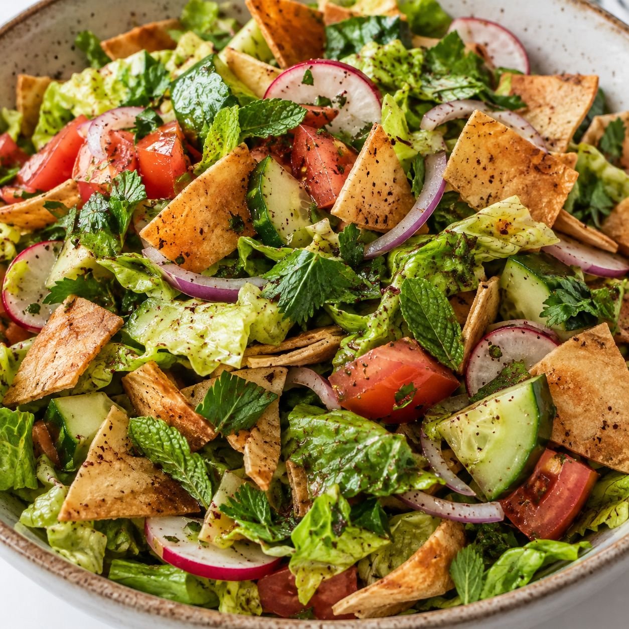 Fattoush salad with crisp pita, lettuce, tomatoes, cucumber and radishes