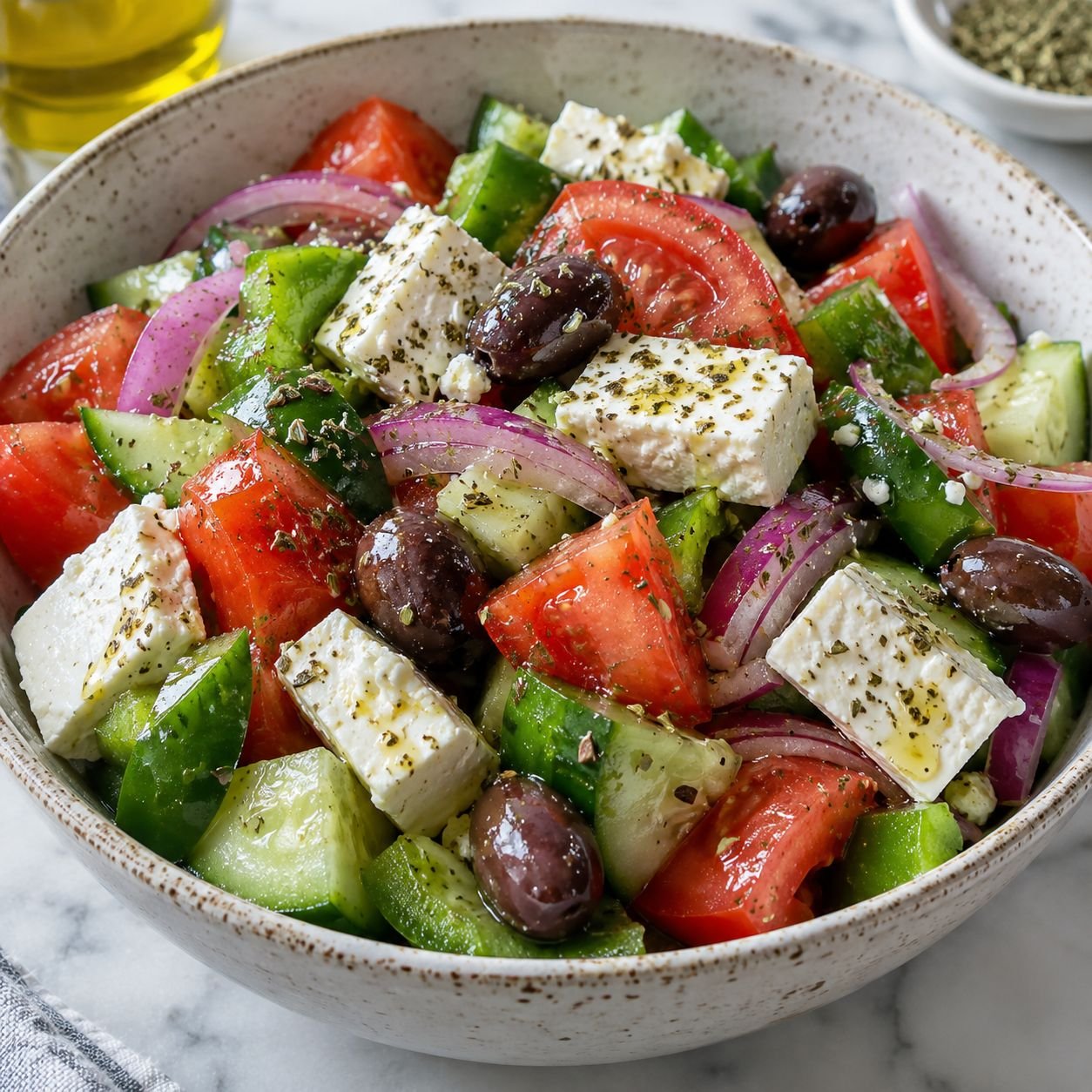 Greek salad with tomatoes, cucumber, feta, olives and red onion