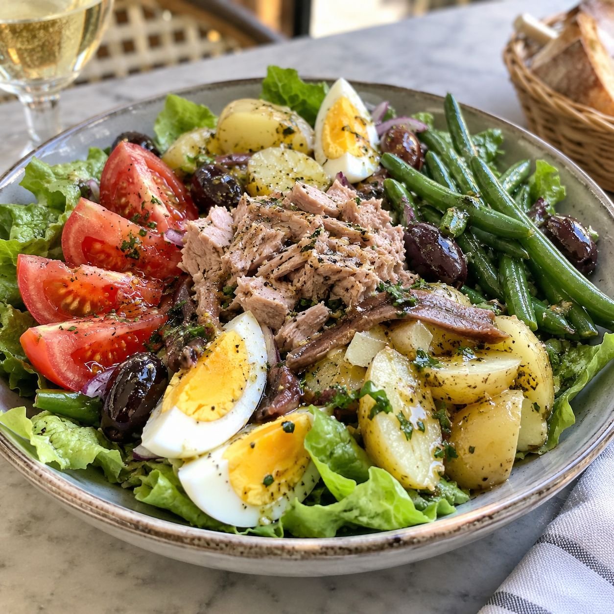 Niçoise salad with tuna, boiled eggs, potatoes, green beans, tomatoes and olives