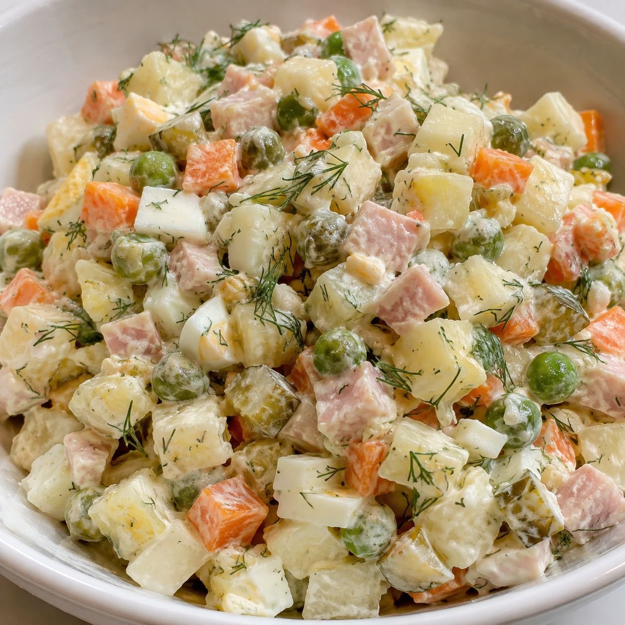 Olivier salad with diced potatoes, carrots, peas, eggs, ham and pickles
