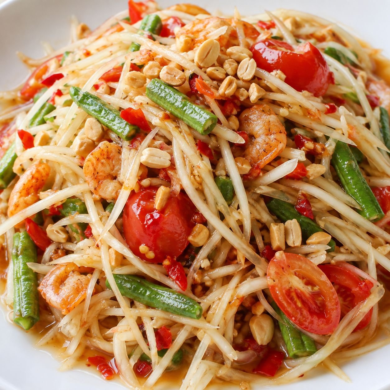 Som tam with shredded green papaya, tomatoes, long beans and peanuts