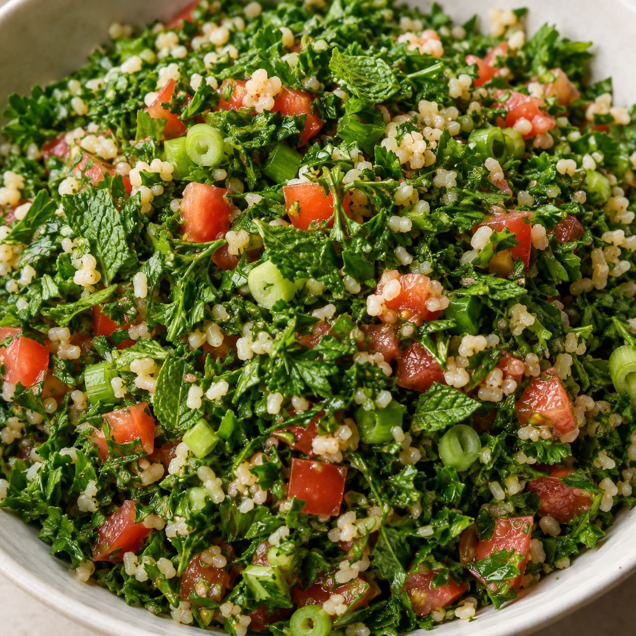 Tabbouleh with finely chopped parsley, tomatoes and bulgur