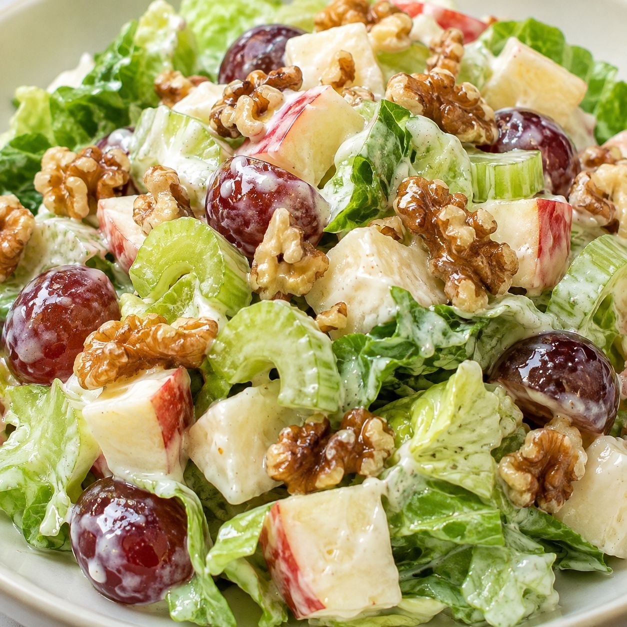 Waldorf salad with apples, grapes, celery and walnuts in creamy dressing