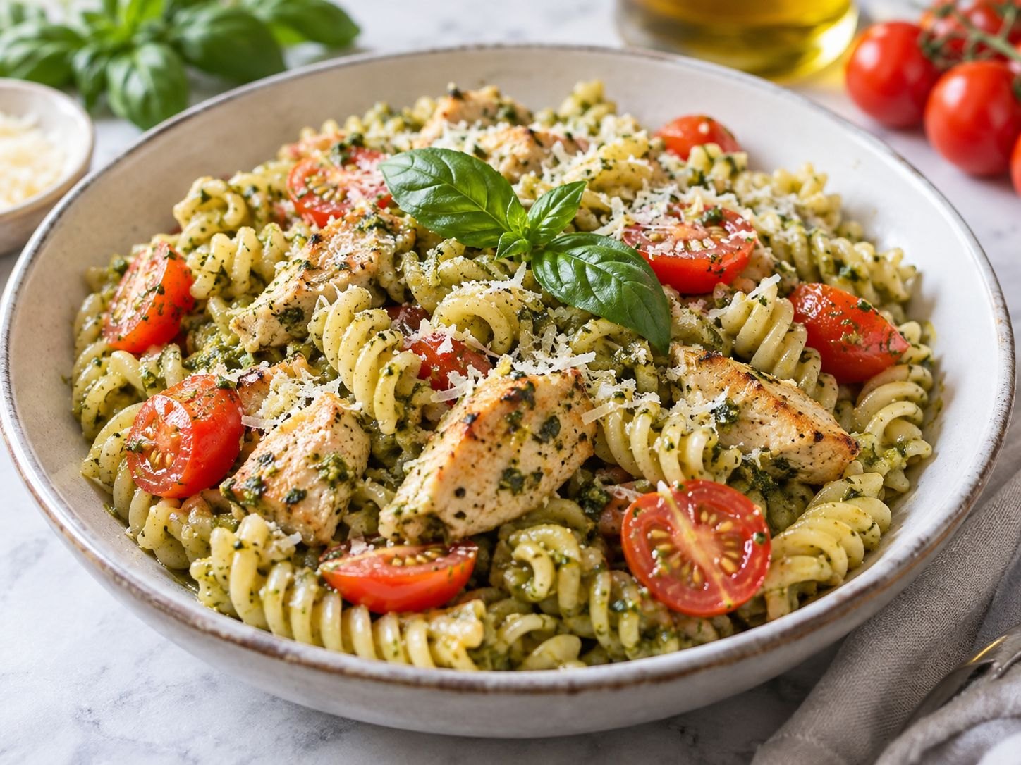 Chicken Pesto Pasta with Cherry Tomatoes