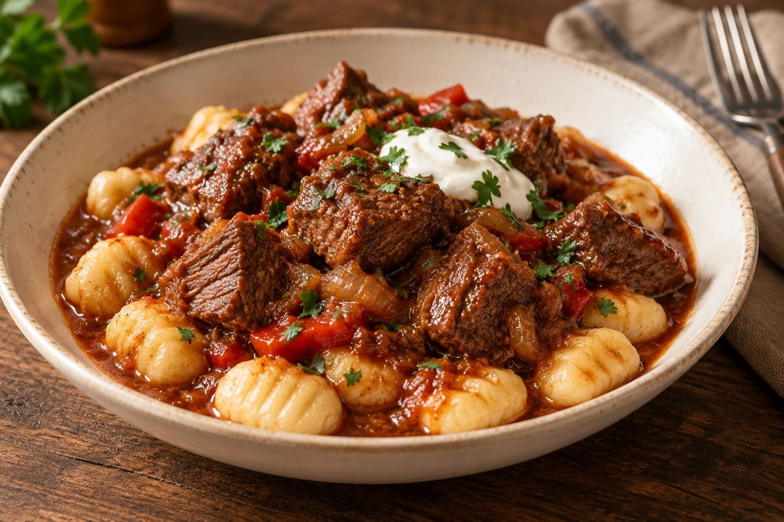 Beef Goulash with Potato Gnocchi