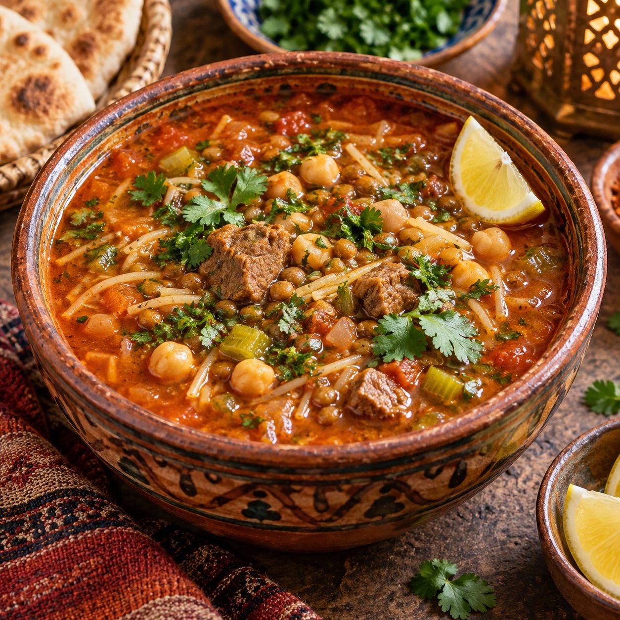 Moroccan Harira Soup with Lamb, Lentils and Chickpeas