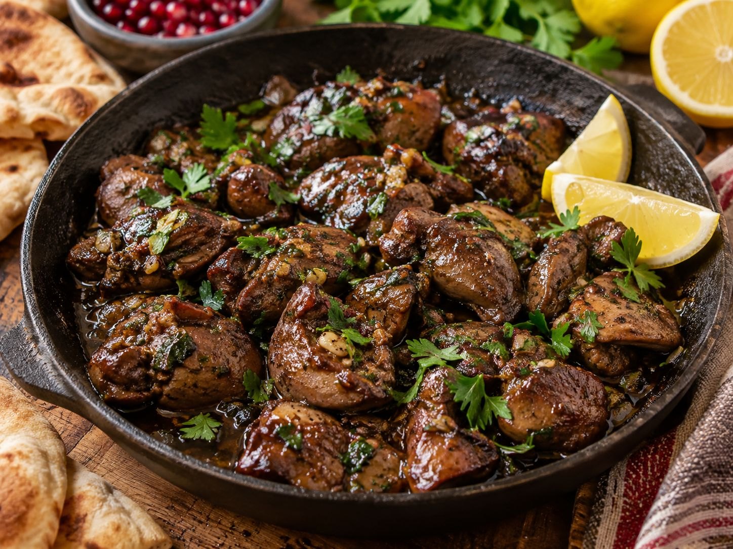 Chicken Livers with Garlic, Lemon and Pomegranate Molasses