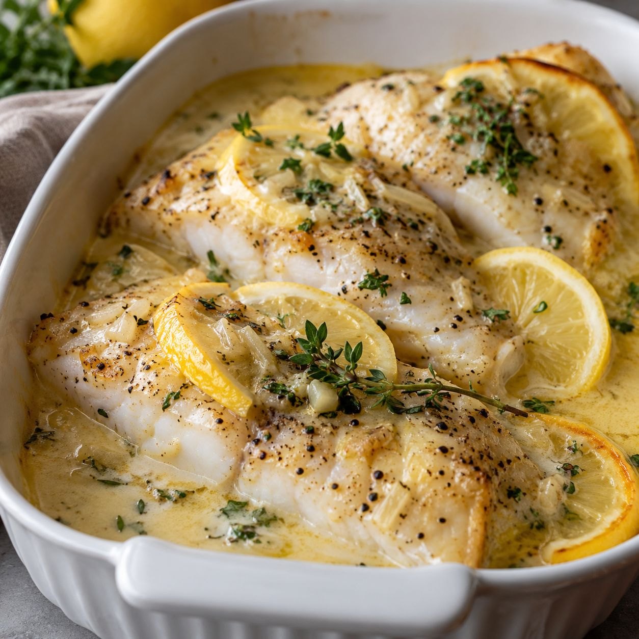 Baked Fish with Lemon Cream Sauce